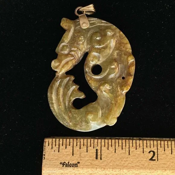 c1976 Seahorse Dragon Asian Carved Brown Jade Stone Pendant 14k Gold Bail